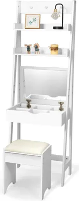 Zdjęcie produktu dla COSTWAY toaletka ze składanym lustrem, z taboretem, 3 haczykami i schowkami 40 x 60 x 180 cm