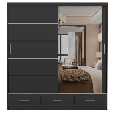 Produktbild von Schwebetürenschrank Kleiderschrank 203 cm Schwarz/Schwarz matt mit Spiegel Florence