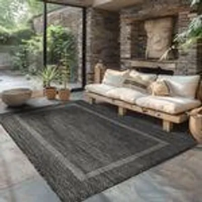 Produktbild von Outdoor Teppich Einfarbig Wetterfest Terasse Balkon Garten Küchenteppich Flachgewebe Sisal Optik, Größe: 200 x 290 cm, Farbe: Schwarz