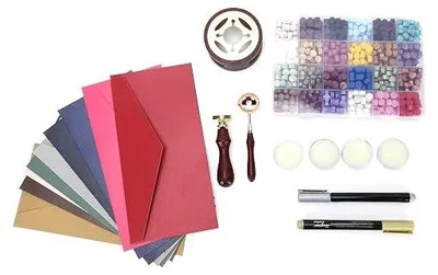 Imagen del producto de Juego de perlas de cera para sellos, con 24 colores, cuchara para fundir y sello