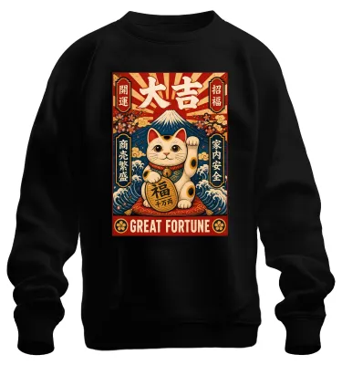 Zdjęcie produktu dla Bluza z kapturem "Maneki Neko" (japońska kotka przynosząca szczęście), styl Y2K, motyw Ukiyo-e, kolor czarny, rozmiar L
