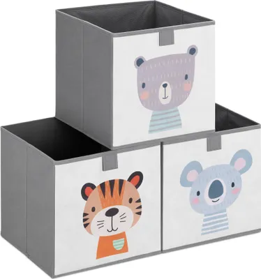 Produktbild von Navaris Kinder Aufbewahrungsbox 3er Set - Regal Aufbewahrung 28 x 28 x 28 cm Spielzeugkiste - 3x Spielzeug Box faltbar für Kinderzimmer - Tier Motiv