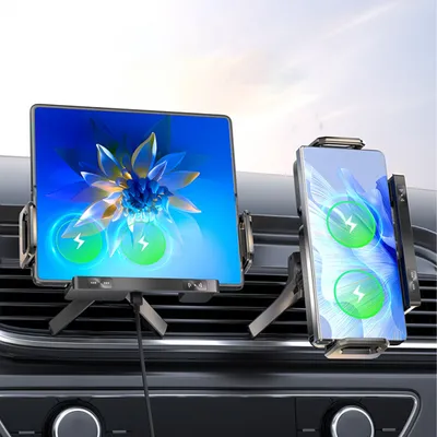 Produktbild von keepgogo Handy-Autohalterung, 15W kabellose Ladefunktion Doppelspule, ausziehbar 18-47 cm, dreieckige Fixierung, Ein-Knopf-Bedienung für Einhandnutzung, keine Erwärmung beim Laden, für die meisten Mobiltelefone