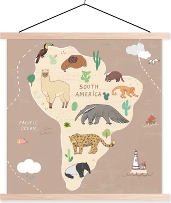 Produktbild von MuchoWow® Textilposter Tiere - Weltkarte Kinder - Braun - Kinder - Jungen - Mädchen 120x120 cm mit holzfarbenen Rahmen - Textil-Poster