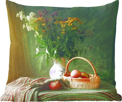 Produktbild von MuchoWow® Zierkissen Sofakissen Wohnzimmer Dekokissen 45x45 cm Stilleben - Blumen - Apfel - Korb - Tisch - Malerei - Schlafpolster - Polster für das Sofa