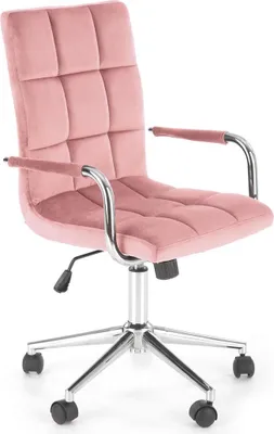 A pink velvet office chair with a chrome base and wheels, shown from a side-angle on a white background.