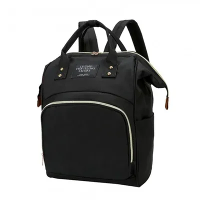 A black backpack is shown against a white background.
