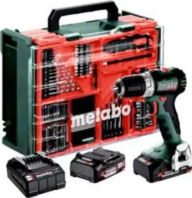 A Metabo cordless drill set with a case full of drill bits and two extra batteries.