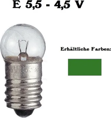Eine kleine Glühbirne vom Typ E 5,5 - 4,5 V mit metallischen Sockel. Grünes Rechteck abgebildet.