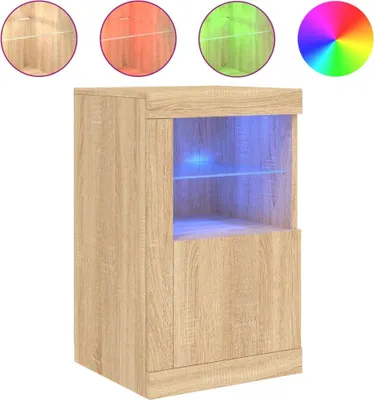 A wooden cabinet with blue LED lighting, shown on a white background. Small circular images above show different lighting colors.