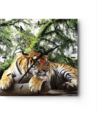 Produktbild von Wanduhr - Quadrat - Glasuhr - Tiger Dschungel Ruhe - 30x30cm - Schleichendes Uhrwerk - Lautlos - zum Aufhängen bereit - Dekoration Modern - Wanddekoration aus Glas - C3AC30x30-4166