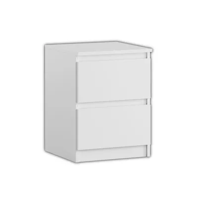 A white two-drawer nightstand on a white background.