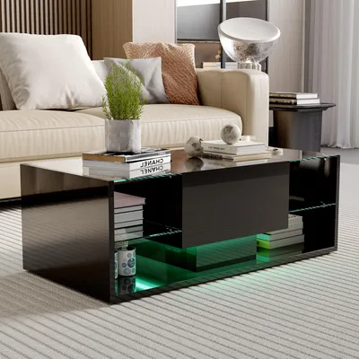 Obrázok produktu pre Čierny konferenčný stolík s LED osvetlením, úložným priestorom a otvorenými policami, 100 x 50 x 35 cm.