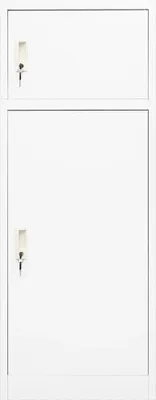 A white metal cabinet with two doors, each with a lock and key.