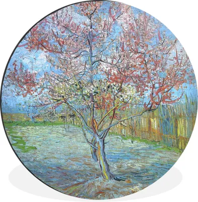 Produktbild von MuchoWow® Aluminium Wandkreis Der rosa Pfirsichbaum - Vincent van Gogh Ø 90 cm Wanddeko Modern Wohnzimmer - Mauerkreis - Wandbilder - Runde Bild - Bild aus Aluminium - Schlafzimmer - Wohnzimmerdekoration - Wand Dekoration