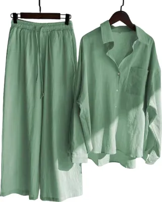 Produktbild von ASKSA Damen Hosenanzug Musselin Bluse Zweiteiler Sommer Langarmshirt Weites Bein Hose Loungewear, Gruen, Groesse: XXL