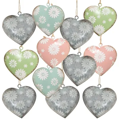 Produktbild von 12 Herzanhänger aus Metall - Metallherzen Silber grün rosa 5,5 cm