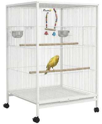 Image de Cage à oiseaux, plateau amovible, roulettes, blanc, 48 x 46 x 78 cm