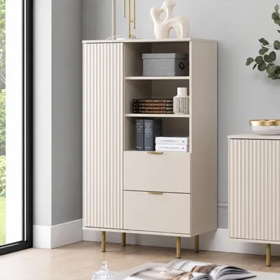 Produktbild von Bücherregal Nubia R1D2SZ Standregal mit 1-Tür und 2-Schubladen Push to Open system Vitrine gefräste Fronten (Kaschmir + goldene Beine), KI-generiertes Bild