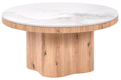 Produktbild von BELIANI Couchtisch Hellbraun Keramik Tischplatte Marmoroptik Grau MDF Gestell Rund Geriffelt Modernes Design Wohnzimmer
