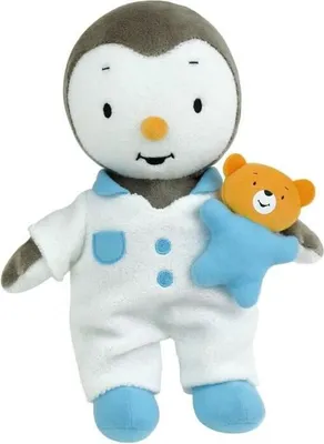 A plush toy penguin wearing pajamas and holding a small teddy bear.