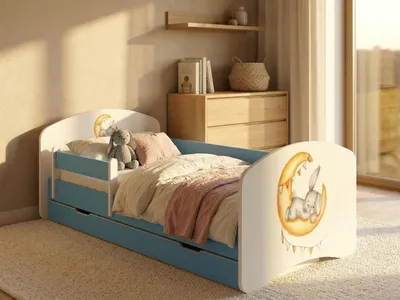 Produktbild von Kinderbett 140x70 cm Blau mit Matratze & Schublade | Komplettset inkl. Rausfallschutz | Stabiles Bett für das Kinderzimmer