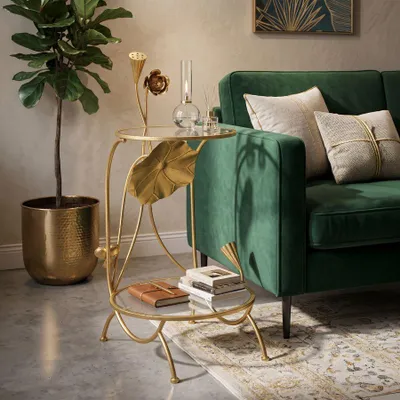 Imagen del producto de Mesa de centro de dos niveles "Flowers", diámetro 40 x 78 cm – Mesa de servicio de hierro y cristal con aspecto de mármol – Estilo glamuroso con detalles florales