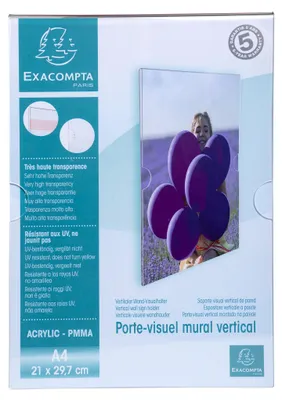 Obrázok produktu pre Exacompta 84858HD Samolepiaci držiak brožúr na stenu pre DIN A4, formát na výšku, z akrylu, priehľadný, možno ho aj priskrutkovať, predvŕtaný