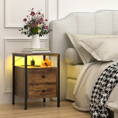 Image de Table de nuit avec éclairage LED avec 2 tiroirs 61x40x40cm