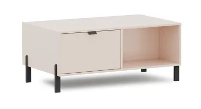 Zdjęcie produktu dla Stolik kawowy Albello CREAMY Beige 107x65x46 cm - nowoczesny stolik do salonu z szufladą i półką, czarne nogi, elegancki stolik do sofy