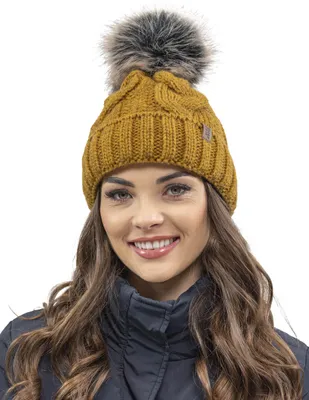 Image de Vivisence bonnet femme - Bonnet à pompon - Bonnet d'hiver et d'automne - Bonnet à pompon - Jaune foncé