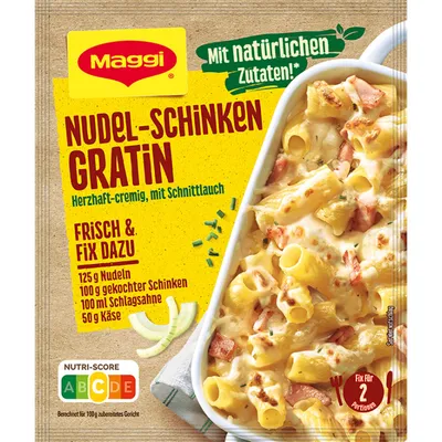 A package of Maggi Fix for Nudel Schinken Gratin with a serving suggestion.