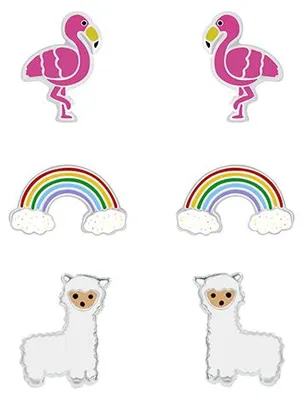 Produktbild von 3er Set Kinder Ohrringe Silber 925 Ohrstecker Alpaka / Flamingo / Regenbogen
