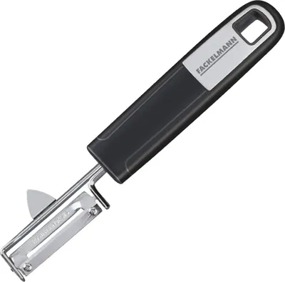 Produktbild von FACKELMANN Pendelschäler 18 cm SENSE, Gemüseschäler mit Funktionsteil aus rostfreiem Edelstahl, mit rutschfestem und ergonomischem Soft-Touch-Griff (Farbe: Silber/Schwarz)