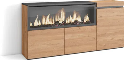 Immagine prodotto di COZY Credenza, Mobile, Cucina, 158x35x75cm, 3 Porte, Camino elettrico XXL, Rovere