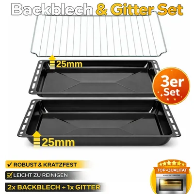 Produktbild von ICQN Backblech 445 x 375 x 25 mm Set, 2x Emailliert Fettpfanne und Verchromt Backofenrost, Kratzfest & Rostfrei, Passend für Whirlpool, Ignis, Bauknecht, Indesit, Algor, Neckermann, Lloyds, Rostfrei, 44,5 x 37,5 cm