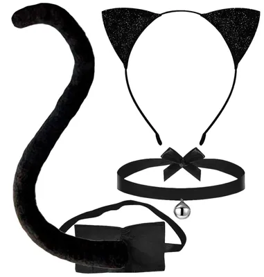 Katzenkostüm-Set 3-teilig, schwarz, mit Ohren, Schwanz & Fliege
