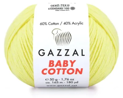 Zdjęcie produktu dla Gazzal Baby Bawełna 3413 – przędza bawełniana do szydełkowania i robienia na drutach, 50 g, 165 m, jasny żółty kolor
