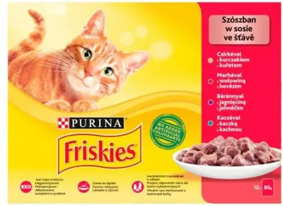Packaging for cat food, showing a cat and the product.