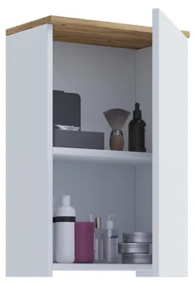 Produktbild von Badeværelsesskab træmateriale, vægskab til badeværelset med 1 dør og 2 rum, badeværelsesskab hængende skab, mål H. 59 x B. 40 x D. 22 cm, badeværelsesmøbler moderne – Cosila