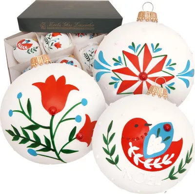 Produktbild von Krebs Glas Lauscha 6er Set weiße Glaskugeln - Gartenparadies-Design - festliche Weihnachtsdeko