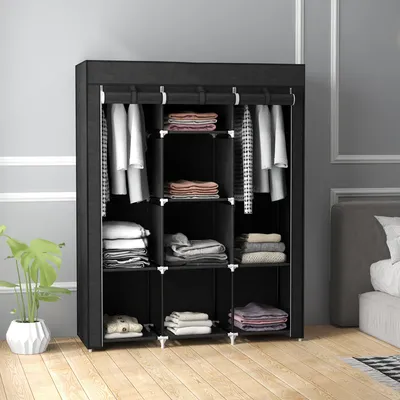Produktbild von Stoffschrank mit 2 Kleiderstangen, Vliesstoff Kleiderschrank, 8 Einlegeböden, Schwarz | 125 x 43 x 162,5 cm | Stahlrahmen | Reißverschluss