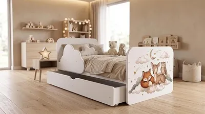 Produktbild von Kinderbett Wolke 160x80 cm Weiß | Regenbogen Motiv | Komplett-Set inkl. Matratze, Schublade & Rausfallschutz, Regenbogen-Design (Nr 432)