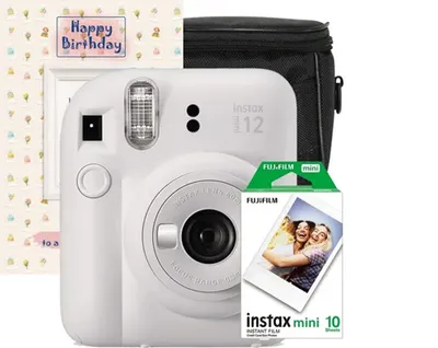 Image de Appareil photo instantané Fujifilm Instax Mini 12 - Coffret cadeau d'anniversaire blanc avec film, housse et carte de vœux