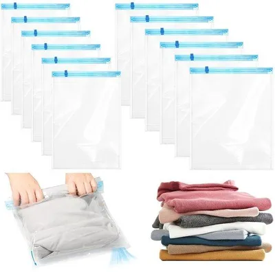 Image de Sacs de rangement réutilisables sous vide Unyqoos® pour vêtements et voyages – sans pompe électrique, lot de 12 (35×50 cm + 40×60 cm), gain de place