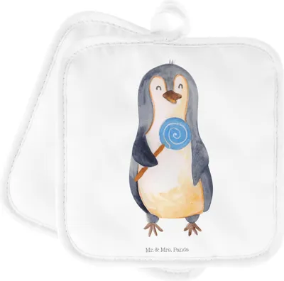 Produktbild von Mr. & Mrs. Panda Topflappen Pinguin Lolli - Weiß - Geschenk, Süßigkeiten, Spruch, 2er Set, topfhalter, Naschen, Topfuntersetzer, Heißhunger, Süß, Kochlappen