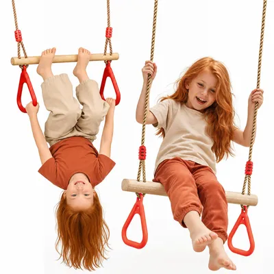 Image de Goodevas Trapèze avec Anneaux pour Enfants, Balançoire en Bois, Pin Massif, Hauteur Réglable 110-198 cm, Intérieur & Extérieur