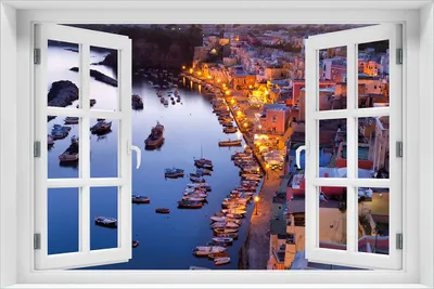 Produktbild von Wallario selbstklebendes Poster mit Fenster-Illusion - Hafen bei Nacht - Italien hell erleuchtet, Größe: 61 x 91,50 cm