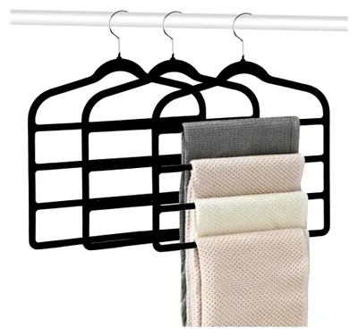 Produktbild von 3 Stück platzsparende Hosenbügel, Mehrfach Hosenbügel aus Samt für Hosen, Jeans, Schals, Handtücher, Röcke, Krawatten, Gürtel, Schwarz