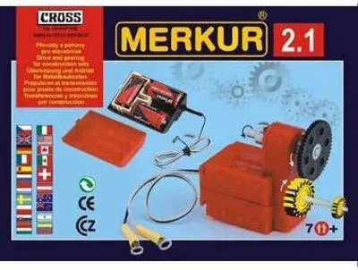 The image shows the packaging of a Merkur 2.1 Elektromotorek, which includes the product itself and various components.